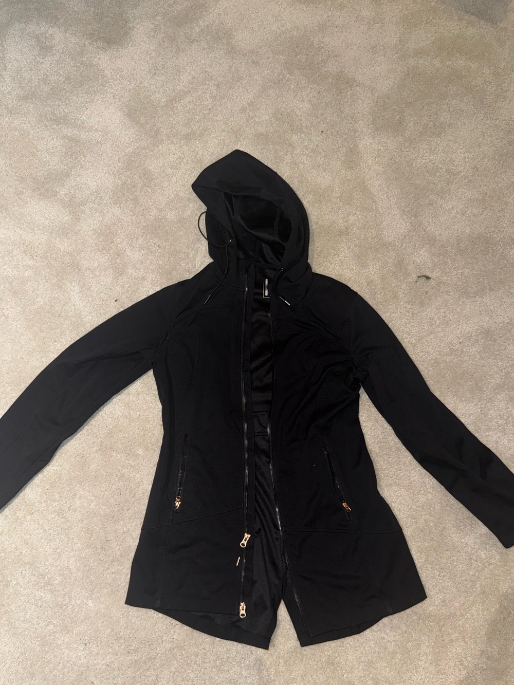 Women’s Mondetta Black Hooded Trench Coat with Gold Zippers